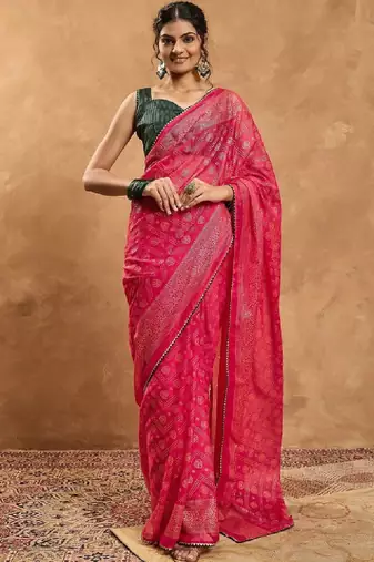 Woven design zari pure chiffon designer bandhani saree