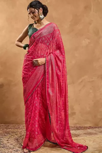Woven design zari pure chiffon designer bandhani saree