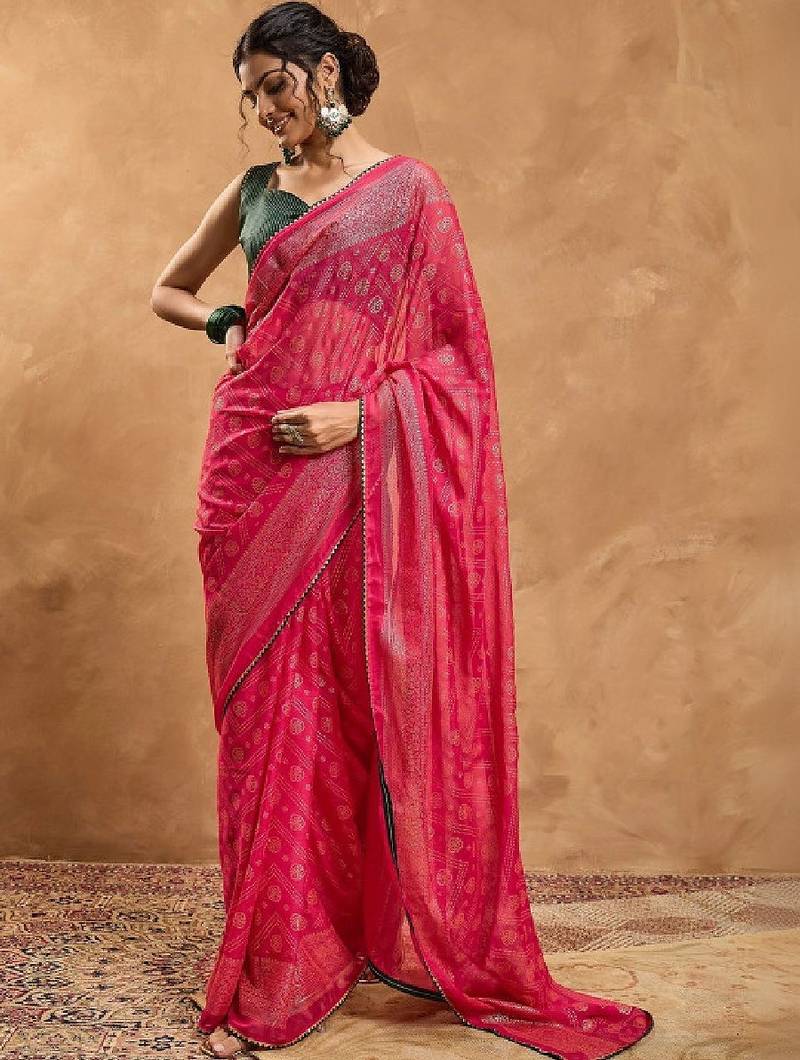 Woven design zari pure chiffon designer bandhani saree