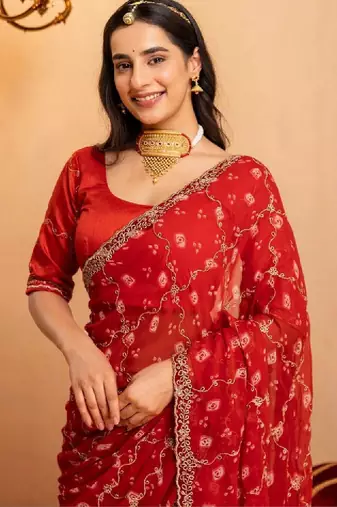 Bandhani embroidered pure georgette fusion bandhani saree