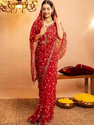 Bandhani embroidered pure georgette fusion bandhani saree 4