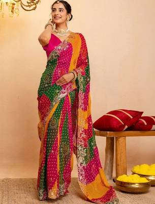Bandhani embroidered pure georgette fusion bandhani saree 1