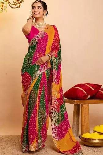 Bandhani embroidered pure georgette fusion bandhani saree