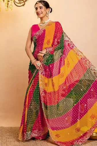 Bandhani embroidered pure georgette fusion bandhani saree