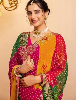 Bandhani embroidered pure georgette fusion bandhani saree 4