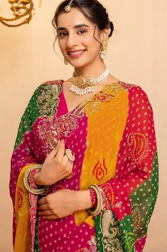Bandhani embroidered pure georgette fusion bandhani saree