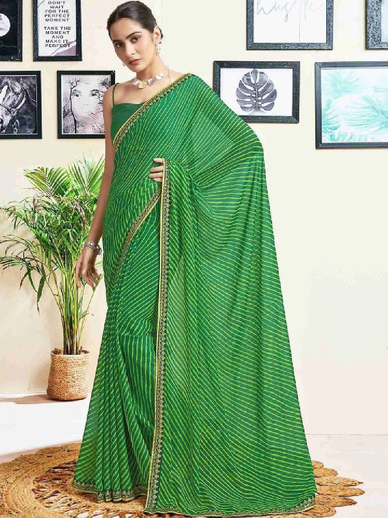 Leheriya embroidered pure chiffon fusion leheriya saree
