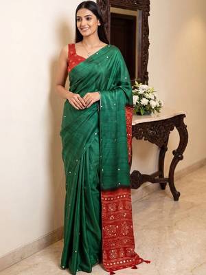 Ajrak block print embellished mirror work silk blend bandhani saree 1
