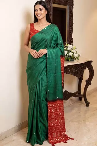 Ajrak block print embellished mirror work silk blend bandhani saree
