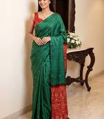 Ajrak block print embellished mirror work silk blend bandhani saree