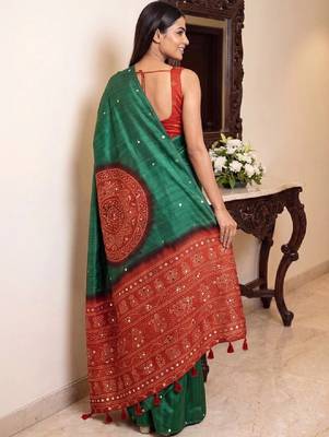 Ajrak block print embellished mirror work silk blend bandhani saree 2