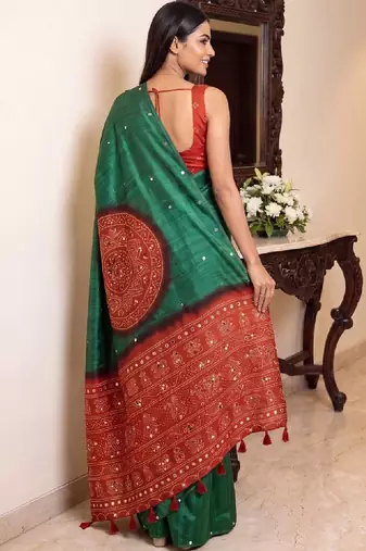 Ajrak block print embellished mirror work silk blend bandhani saree