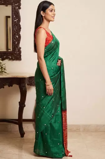Ajrak block print embellished mirror work silk blend bandhani saree