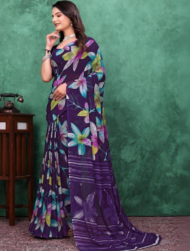Floral poly georgette bandhani saree