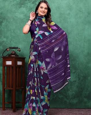 Floral poly georgette bandhani saree 4