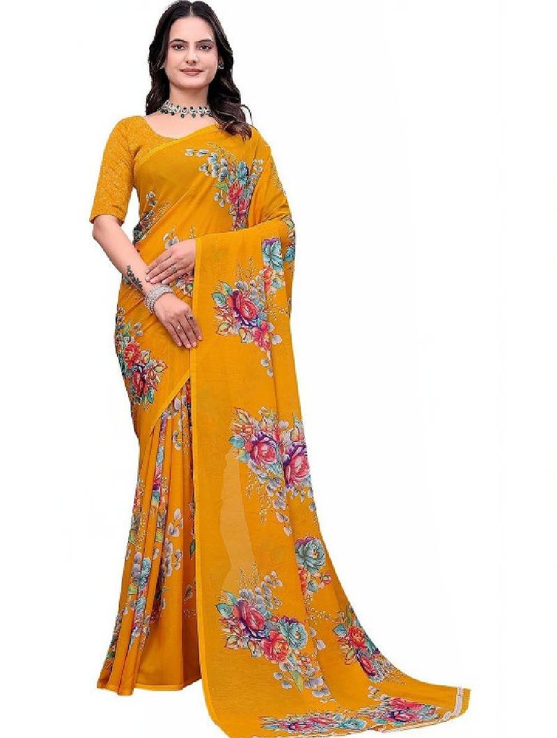 Floral poly georgette bandhani saree