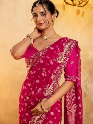 Bandhani embroidered pure georgette fusion bandhani saree 4
