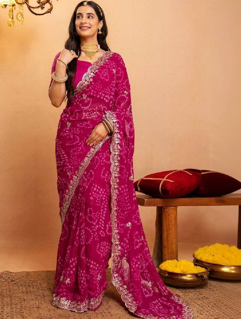 Bandhani embroidered pure georgette fusion bandhani saree