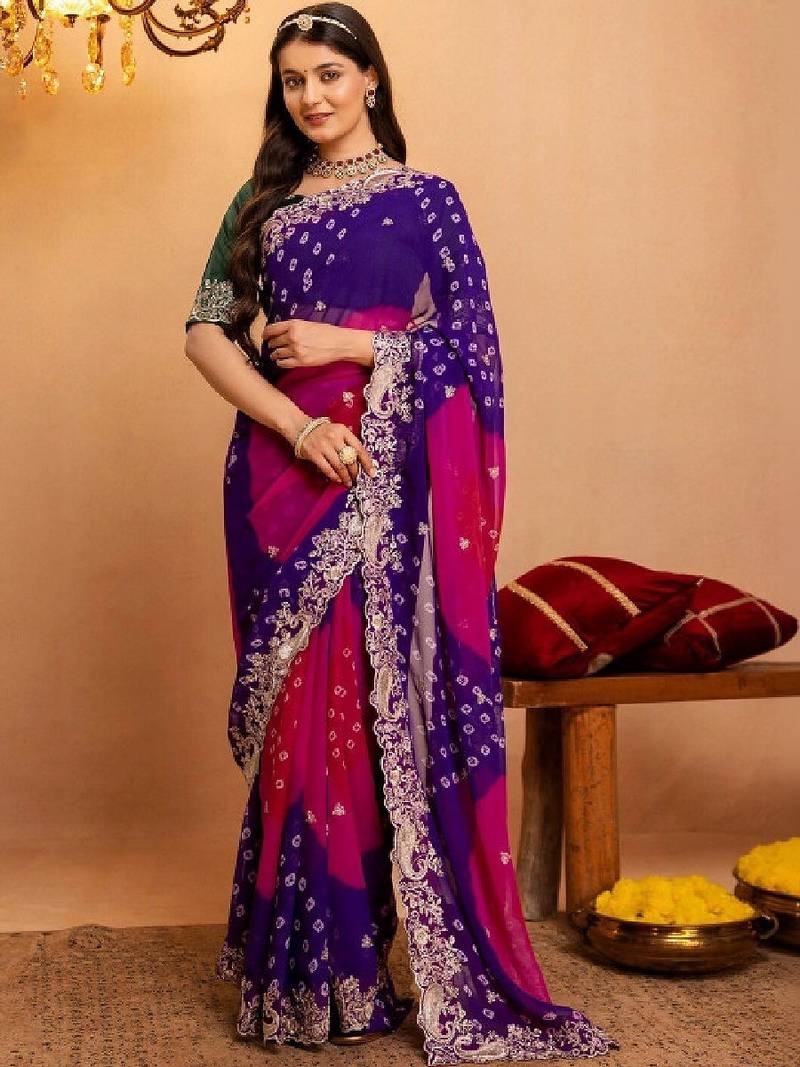 Bandhani embroidered pure georgette fusion bandhani saree