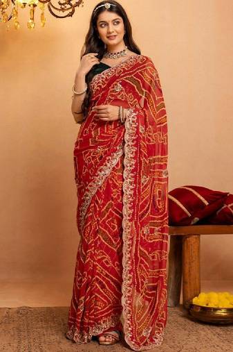 Bandhani embroidered pure georgette fusion bandhani saree