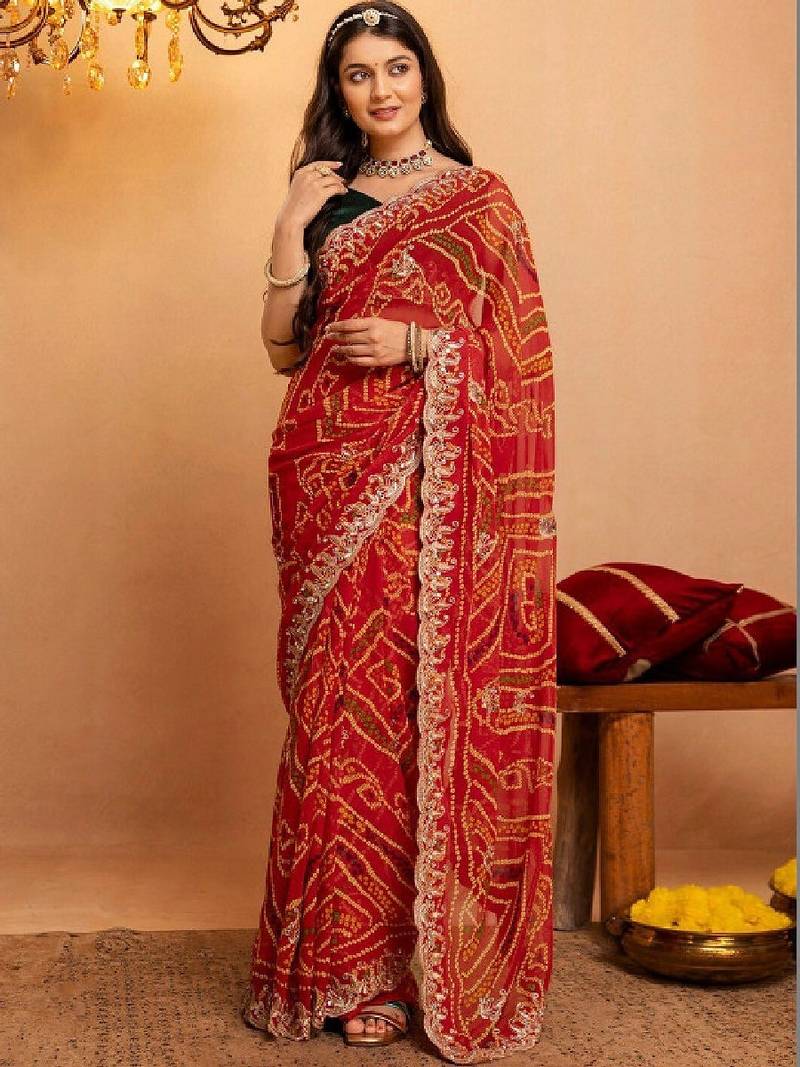 Bandhani embroidered pure georgette fusion bandhani saree