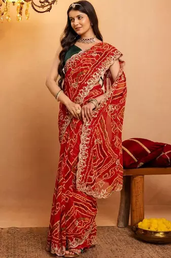 Bandhani embroidered pure georgette fusion bandhani saree