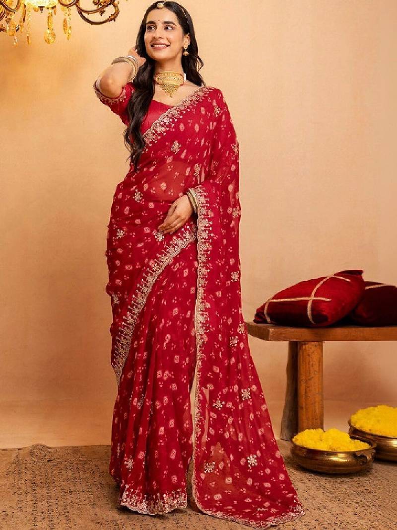 Bandhani embroidered pure georgette fusion bandhani saree