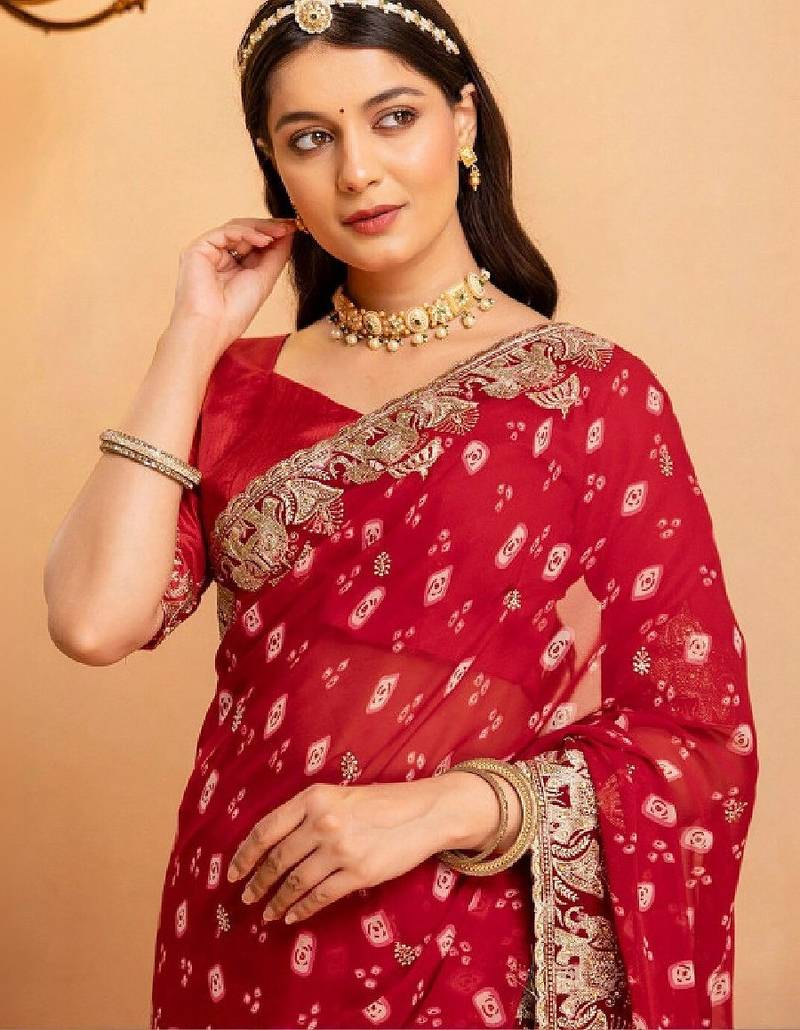 Bandhani embroidered pure georgette fusion bandhani saree