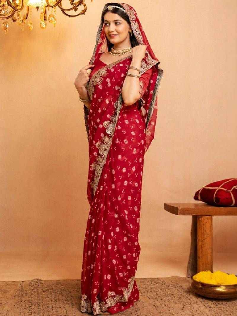 Bandhani embroidered pure georgette fusion bandhani saree