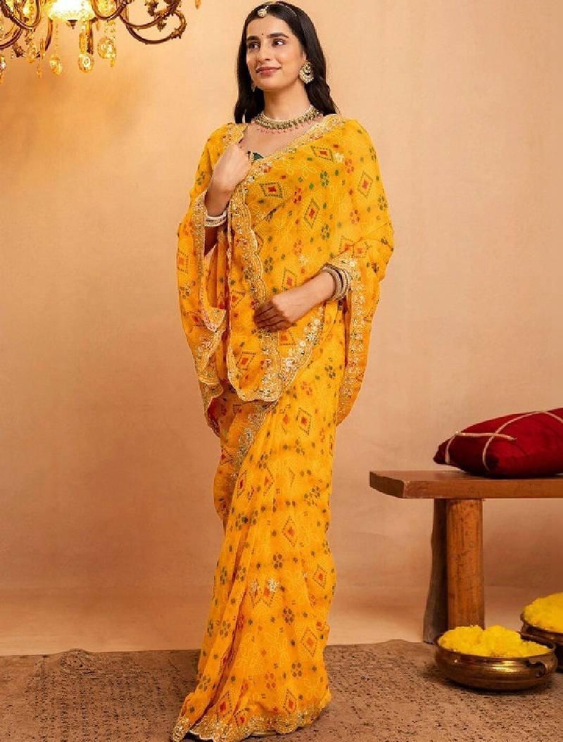 Bandhani embroidered pure georgette fusion bandhani saree