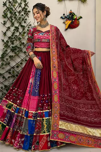 Multicolor Navratri Muslin Cotton with Digital Print & Real Mirror Work
