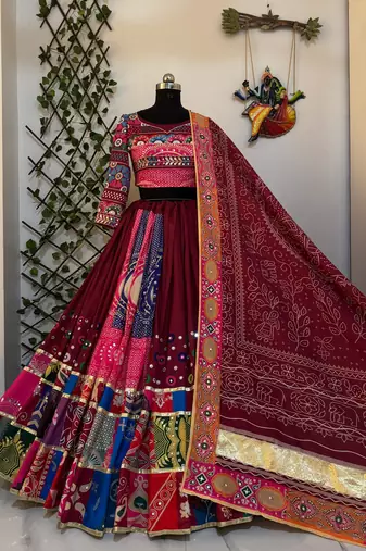 Multicolor Navratri Muslin Cotton with Digital Print & Real Mirror Work