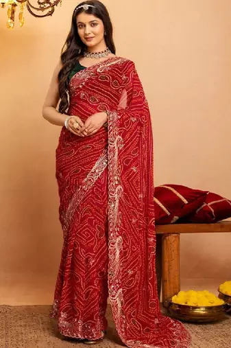 Bandhani embroidered pure georgette fusion bandhani saree