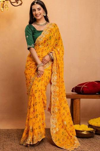 Bandhani embroidered pure georgette fusion bandhani saree