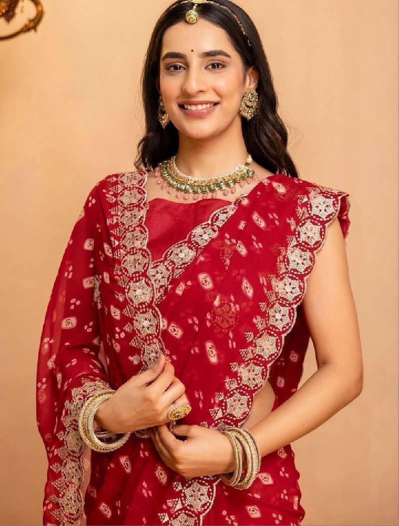 Bandhani embroidered pure georgette fusion bandhani saree