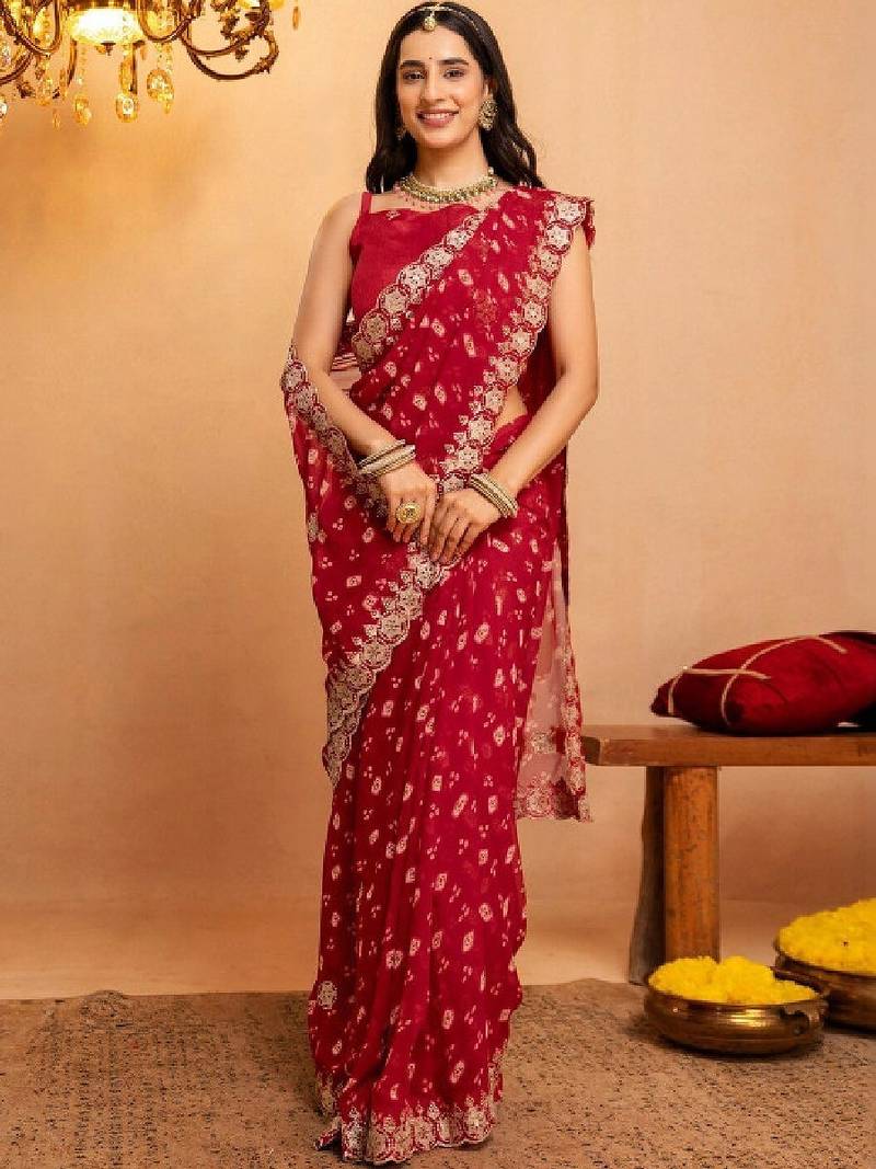Bandhani embroidered pure georgette fusion bandhani saree