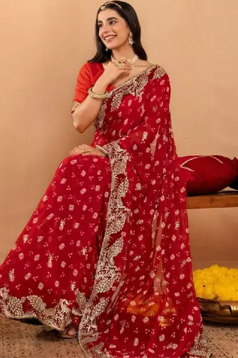 Bandhani embroidered pure georgette fusion bandhani saree