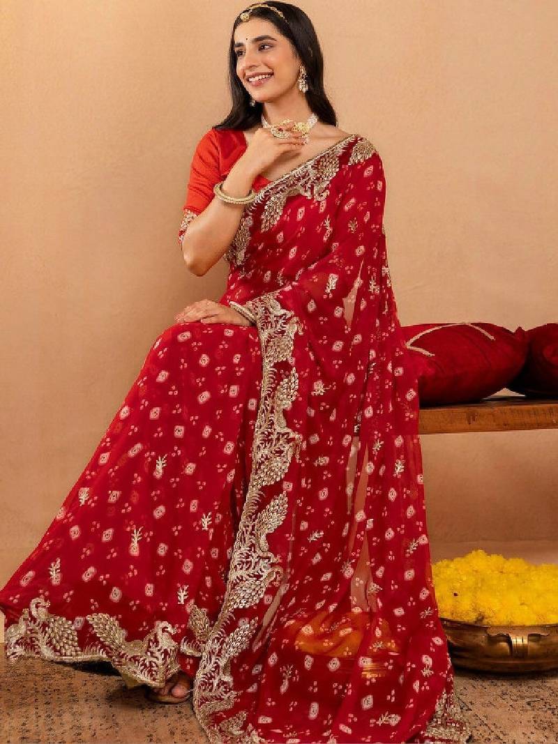 Bandhani embroidered pure georgette fusion bandhani saree