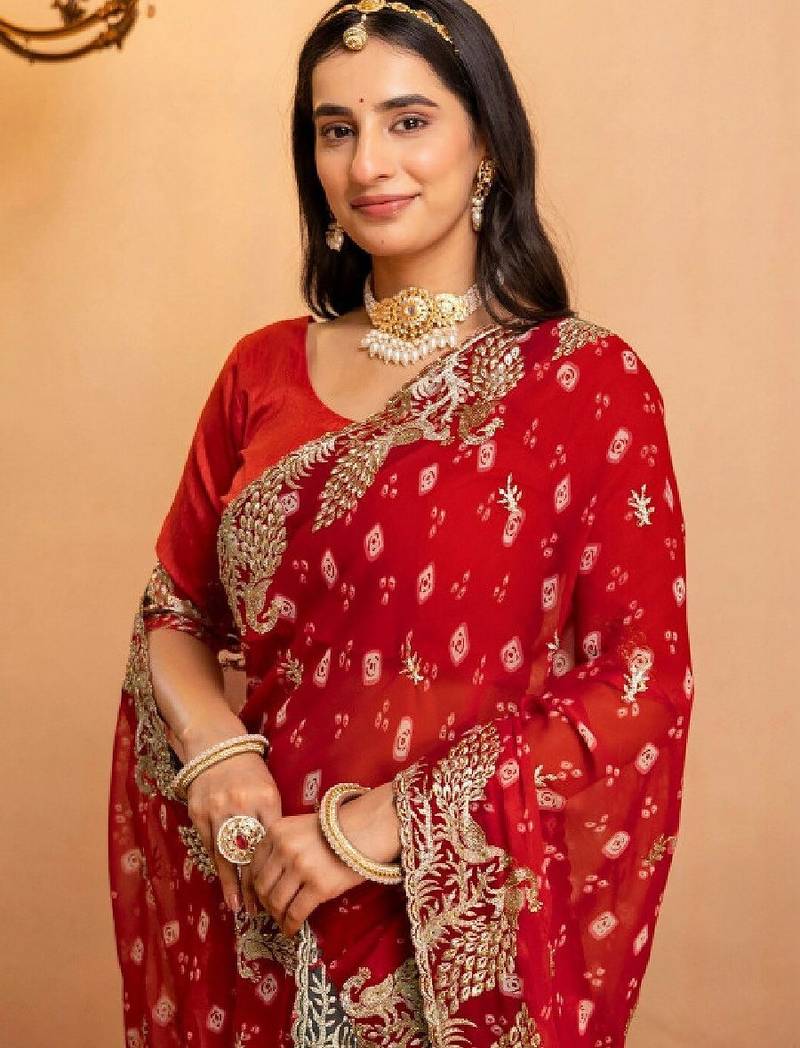 Bandhani embroidered pure georgette fusion bandhani saree