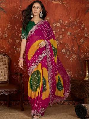 Tie and dye embroidered pure georgette fusion bandhani saree 1