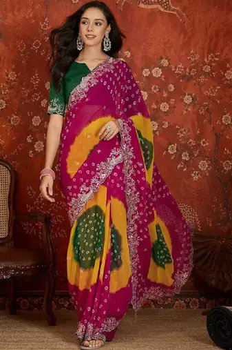 Tie and dye embroidered pure georgette fusion bandhani saree