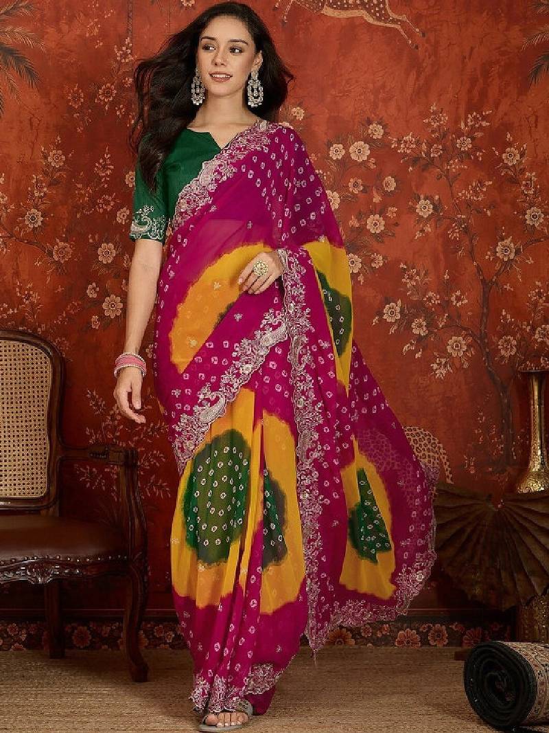 Tie and dye embroidered pure georgette fusion bandhani saree
