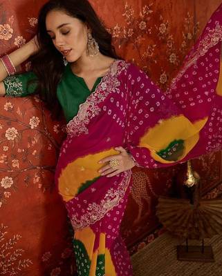 Tie and dye embroidered pure georgette fusion bandhani saree 2