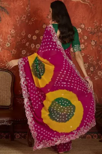 Tie and dye embroidered pure georgette fusion bandhani saree
