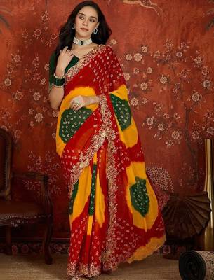 Bandhani embroidered pure georgette fusion bandhani saree 1