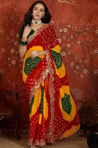 Bandhani embroidered pure georgette fusion bandhani saree