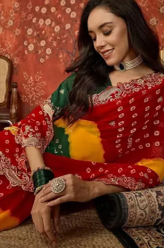 Bandhani embroidered pure georgette fusion bandhani saree