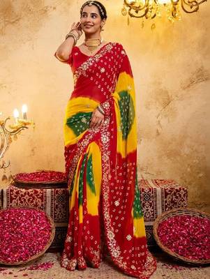 Bandhani embroidered pure georgette fusion bandhani saree 1