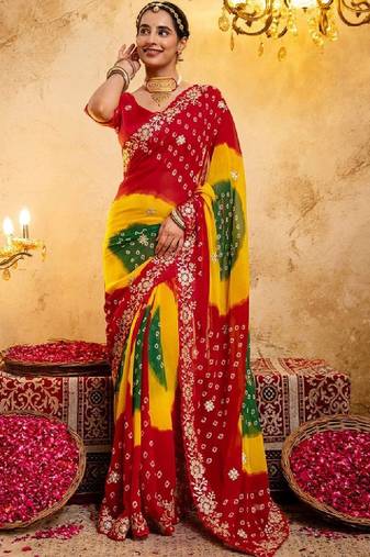 Bandhani embroidered pure georgette fusion bandhani saree