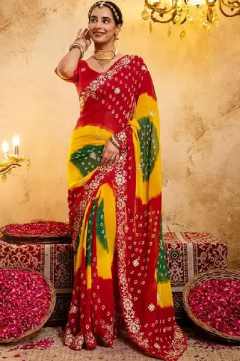 Bandhani embroidered pure georgette fusion bandhani saree